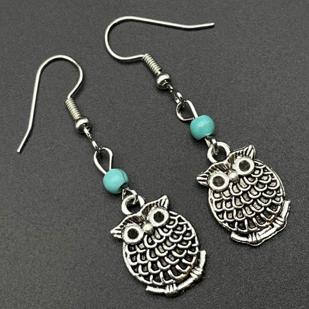 Silver Perched Owl on Branch with Blue Turquoise Beaded Dangling Hook Earrings